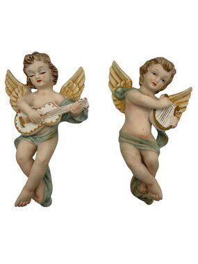 Vtg Andrea by Sadek Porcelain Cherub Wall Plaques Set of 2 Guitar & Lyre #6541